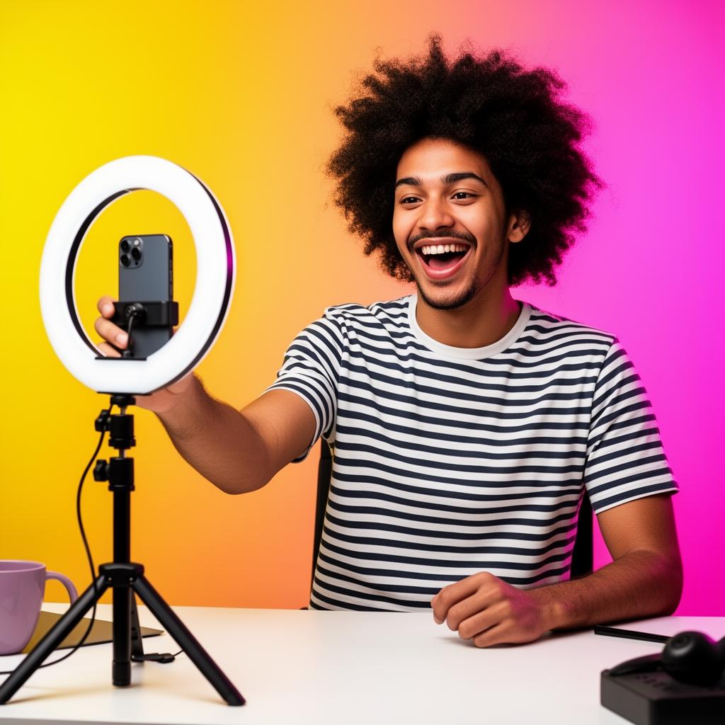 Excited creator filming with a ring light