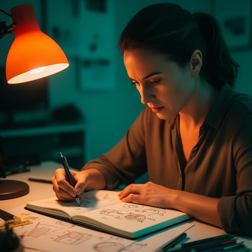 Founder sketching business ideas at a desk by lamplight